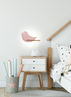Kinkiet Bird drewniany LED półka różowy ptaszek do pokoju dziecięcego
