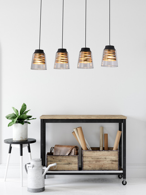 Lampa wisząca Fresno szklana czarno‑złota 4‑płomienna na belce do jadalni