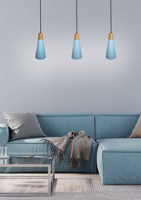 Lampa wisząca Faro niebieska metalowa z drewnem pojedyncza do kuchni E27